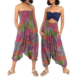 likemary Harem Pants for Women - Genie Pants - 2 in 1 Convertible Harem Jumpsuit - Hippie Pants - Boho Pants Peacock Print Aqua Blue & Pink Plus Size