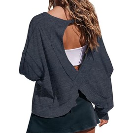 Wenlia Women's Open Back Workout Crop Tops Long Sleeve Casual Shirts Athletic Gym Yoga Tee with Thumb Hole Dark Grey