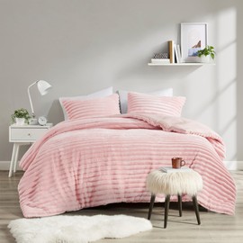 Intelligent Design Queen Comforter Set, Cozy Plush Bedding, Microfiber Reverse, 3 Piece, Lightweight, Super Soft Ribbed Velvet Comforter 2 Shams, All Season Fluffy Bed Set, Avril, Full/Queen Pink