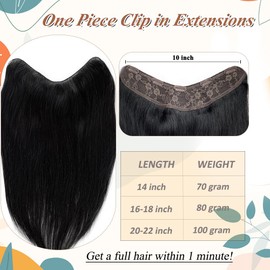 Clip in Hair Extensions Real Human Hair, One Piece Clip ins for Black Women Human Hair Easy to Install V Shaped Human Hair Clip in Extensions Black Straight Seamless Clip in Extensions Human Hair 14”
