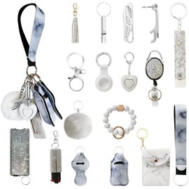 Araafur Leather Wristlet Keychain Set with Personal Alarm and Bottle Opener, Car Keychain Accessories for Women (Gray keychain set)