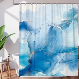 DuriLolly Blue Marble Shower Curtain 71x71 inch Abstract Teal Blue Gold Texture Luxury Cracked Granite Shower Curtains Modern Art Bathroom Decor Curtain Set with Hooks Waterproof Fabric
