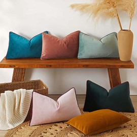 JUSPURBET Sage Green Luxury Velvet Lumbar Throw Pillow Covers with Piping 16x24 Inch Set of 2 Washable Accent Cushion Cases for Sofa Bed Home Decor with Hidden Zipper