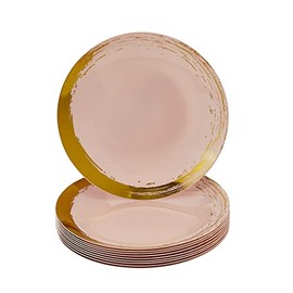 SILVER SPOONS Gold Brush Stroke Rimmed Plastic Dessert Plates for Party (10 PC) Heavy Duty Disposable Dinner Set 7.5", Fine China Look Dishes for Baby Showers, Celebrations & Events - Blush