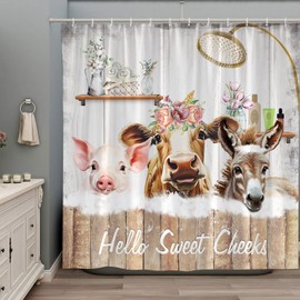 Farmhouse Cow Shower Curtain Funny Rustic Cattle Western Farm Animal Donkey Pig Flower Bath Curtains Bathroom Set Wooden Home Decor Accessories with Hooks 70Wx70H Inch