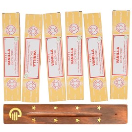 Original Satya Vanilla Incense Sticks Pack of 6X 15G with Greensense Holder for Aromatherapy, Spa, Yoga, Weddings, Meditation, Healing, Positivity and Relaxation