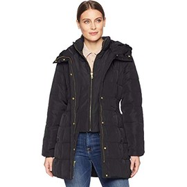Cole Haan Women's Taffeta Down Coat with Bib Front and Dramatic Hood, Black, X-Large