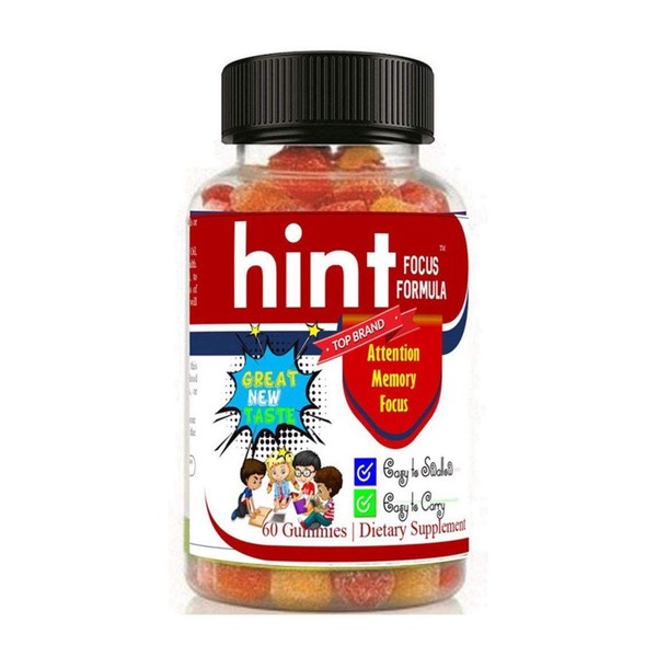 Hint Focus Formula, Memory Focus Support,60 Gummies Easy to Swallow for Kids Best Great Taste Calming Supplement, Omega DHA Natural Calm MultiVitamin, School Study Support, Made in USA.
