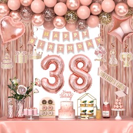 38th Birthday Decorations for Women Girls, Happy 38 Birthday Decorations for Her, Rose Gold Birthday Party Supplies with Banner, Number Balloons, Fringe Curtains, Hanging Swirls, Foil Balloons