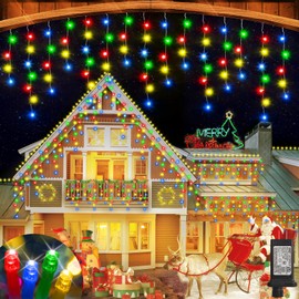 JREWDOIN 52FT 512LED Christmas Lights Outdoor Waterproof Curtain Lights with 8 Modes Timer Hanging Fairy Lights Plug in String Lights for Holiday Wedding Party Decoration(Multicolor)