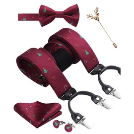 SzonMcnl Christmas Men's Braces with Bow Tie Set Braces in Y-Shape with 6 Extra Strong Clips Christmas Gifts and Bow Tie Pocket Square, Christmas Tree 1