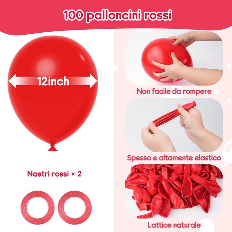 100 Pezzi Palloncini rossi, 12 Inches, in lattice naturale, con