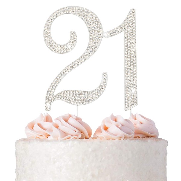 21 decoraciones para tartas – Metal plateado de alta calidad – Decoración de 21 cumpleaños brillante para fiesta de 21 cumpleaños – ahora protegido en una caja