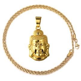 Halukakah Gold Bless All ● Gold Chain Men Men 18 Carat Real Gold Buddha Head Pendant Necklace Artificial Diamonds Set with Free Tennis Chain/Rope Chain, Metal, lab diamond