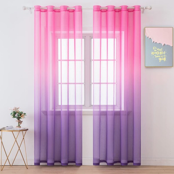 Miulee Set of 2 Transparent Curtains, Colour Gradient, Voile Sheer Curtains with Eyelets, Linen Curtains, Tab Top Curtains, Decorative Eyelet Curtain for Living Room and Bedroom, 140 cm x 245 cm (W x