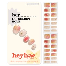 Heyhae Semi Cured Gel Nail Strips | Sun Cured Gel Nail Wraps No LED Lamp Needed Easy Apply & Remove | Includes 28 strips, 1 Prep Pad, 1 Nail File & 1 Wooden Stick - Hey, It's Golden Hour