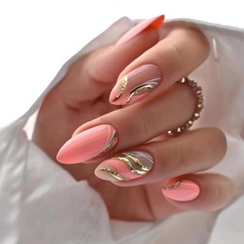 JUSTOTRY 24 Stück Peach Pink Nägel Zum Aufkleben Kurz,Gold Swirl Mandel Press on Nails Muster,Glossy Oval Kunstnägel Fake Nails Mittel,French Fingernägel Künstliche Nägel für Frauen