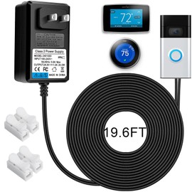 24V Doorbell Transformer - 110V/120V AC to DC 24V Adapter - Compatible with Ring Doorbell, Thermostat, LED Strip Light - 19.6FT Black Cord