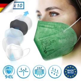 Virshields® FFP2 Face Mask - PFE 94%, VFE 99.99%, EN 149:2001+A1:2009, 5 Layers, Pack of 10-2000, Filtering, Made in the EU, Choice of Colours - Respirator Mask, Protective Mask, Half Mask (10, Green)