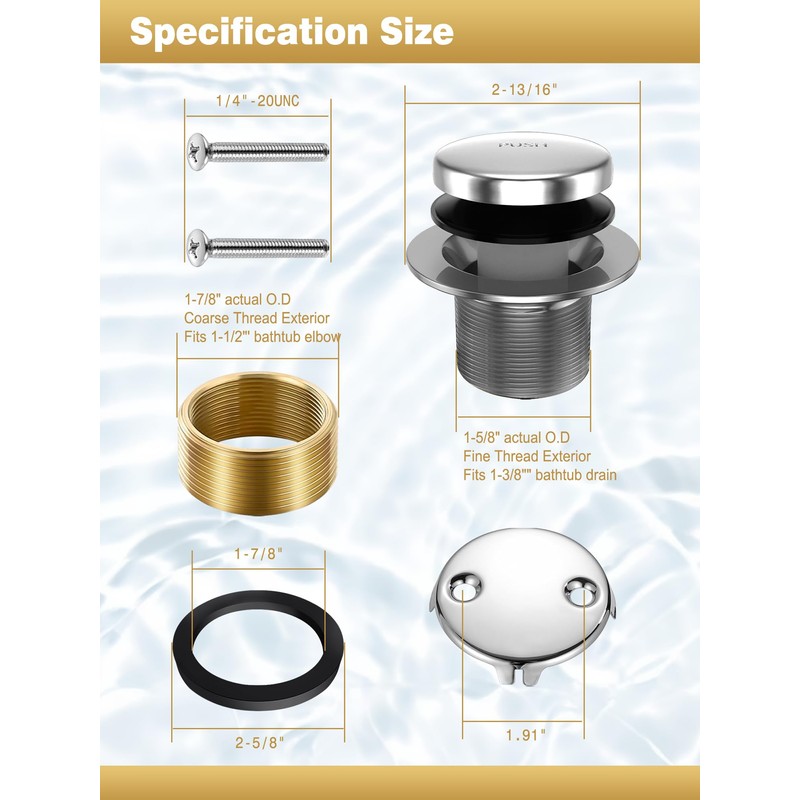 Bathtub Drain Tip-Toe Trim Set with Two-Hole Overflow Faceplate, Replacement