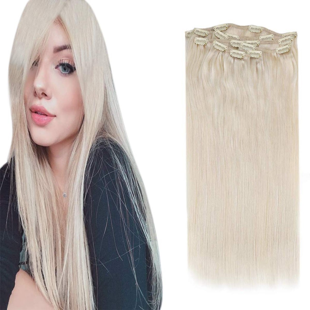 Sunny Platinum Blonde Hair Extensions Clip in 12 inch Human Hair Platinum Blonde Clip in Hair Extensions Double Weft Blonde Hair Clip in Soft 7pcs 120g