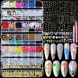 Teenitor Nail Rhinestones Nail Art Tools with 15 Sheets Gold Nail Art Stickers, 6 Boxes of Nail Charms Nail Gems Nail Pearls Nail Jewels