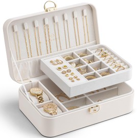 Vlando Jewellery Box Girls Women, Double Layer Jewellery Box with 2 Watch Cushions, Lockable Jewellery Storage, Jewellery Box for Rings, Earrings, Bracelets, Necklaces, Beige