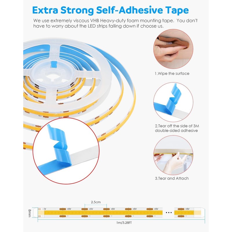 COB LED Strip Light 5V USB 8 mm, 1 m