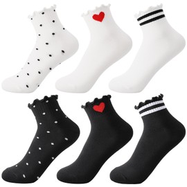 Zuimei 6 Pairs Frilly Socks Women Ruffle Socks Woman Cotton Cute Pattern Ankle Socks Breathable Short Socks Crew Socks for Womens Ladies Girls UK Size 3-7, White Black