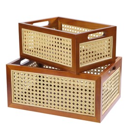 LaMorée Rattan Storage Basket Set of 2 Handmade Natural Bamboo Woven Storage Bin for Organizing Decorative Wicker Box for Rustic Farmhouse Decor Home Office Tabletop Shelf Organizer
