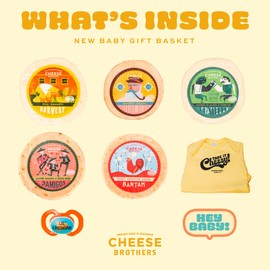 Cheese Bros. Welcome New Baby Gift Box | Fresh from Wisconsin | Includes Italian Fratello, Honey Sriracha Gouda, Smoked Gouda, 3 Amigos Spicy Gouda and Dill Havarti | Great Food Gifting Idea!