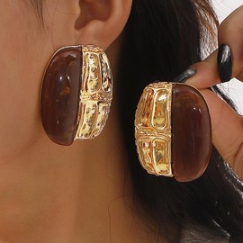 Geometric Amber Dangle Earrings for Women Retro Chunky Large Oval Rectangle Statement Charms Drop Earring Funky Holiday Birthday Party Jewelry (Golden)