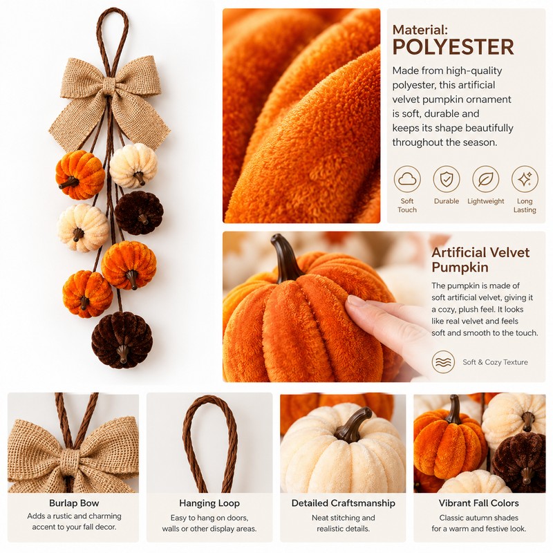2 Pack Velvet Pumpkin Hanging Ornament for Fall Decor, Thanksgiving