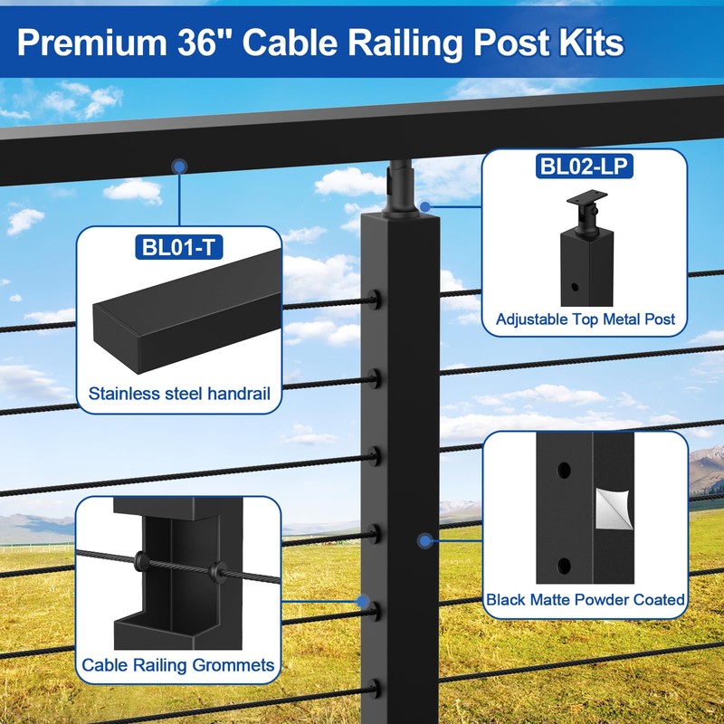 BLIKA Complete Set 36" Cable Railing Post Kit, Black Surface