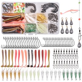 Bass Fishing Tackle Kit, 151pcs Texas Rig Kit Including Soft Plastic Fishing Lures Fishing Hooks Swivels Sinkers Beads Accessories for Saltwater Freshwater
