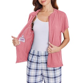 Deyeek Mastectomy Shirts with Drain Pockets Post Shoulder Surgery Tops for Women Chemo Port Short Sleeve with Zippers