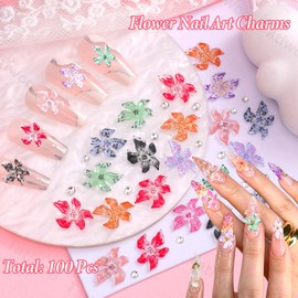 100 Pcs Flower Nail Charms, 3D Hawaii Flower for Nails Color Soft Hibiscus Floral Nail Art Charms Nail Gems Rhinestones, Mixed Flowers Charms for Acrylic Nails Designs DIY Accessories
