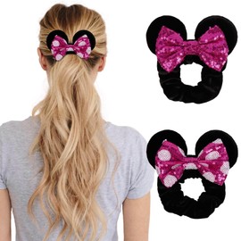 Mouse Ear Hair Scrunchies for Women, Sequins Hair Bow Scrunchies Velvet Mouse Ears Hair Ties for Ponytail Party Favors Cosplay Costume Cute Hair Accessories, Rose Red & Black