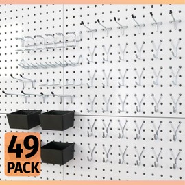 HUHOLE Pegboard Hooks Assortment 49PC, Pegboard Accessories with Pegboard Bins, Garage Tool Organizer, Fit 1/8 Inch and 1/4 Inch Peg Board