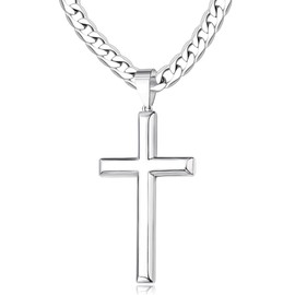 Cameido 925 Sterling Silver Cross Necklace for Men Women 4.5mm Stainless Steel Highly Polished Cuban Link Chain Beveled Edge Crucifix Cross Pendant Necklace 18 Inche