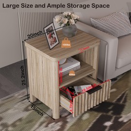 Kogven Night Stand Nightstand with Drawer Storage, Large Modern Wood Bed Side Table with Fluted Panel, Mid Century Farmhouse Sofa Couch End Table for Bedroom, Living Room, Home Office,Nature Wood