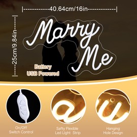 Marry Me Neon Sign - USB Neon Sign for Proposal Ceremony, Wedding Party, Bedroom Wall Decoration, Neon Sign for Couple Gifts, Valentine's Day Gifts