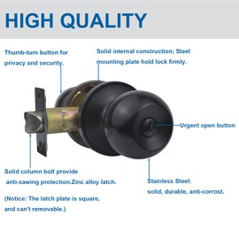 Comfhouse Round Ball Privacy Door Knob for Bedroom and Bathroom, Keyless Interior Door Knob with Lock, Stainless Steel Indoor Door Knob, 1 Pack (Matte Black)