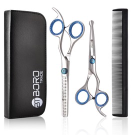 Dog Grooming Scissors Set with Safety Round Tip, Curved Pet Cat Hair Cutting Trimming Grooming Shears, Also Include Thinning Scissors & PU Leather Pouch (Stainless Steel)(6 Inches)(Chrome) (2 Pieces)