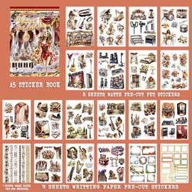 Dwpetzo Scrapbooking Sticker Book, 20 Sheets Pe-Cut PET, Washi Tape, and Craft Paper Stickers for Junk Journal Supplies, Journal Stickers for Journaling, Planner, Bujo, Collage (Music and Life)