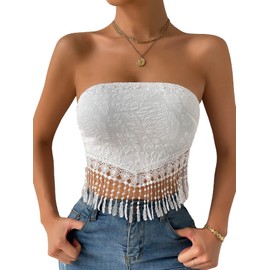 MakeMeChic Women's Boho Floral Jacquard Lace Trim Tie Back Tassel Crop Tube Top White S