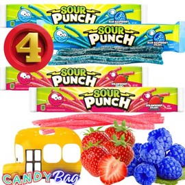 (PACK OF 4) Sour Straws Punch - 4 Extra Large Trays of 2 Flavors - Blue Raspberry and Strawberry - Comes With One Bus Resealable ZipBag - 1.9oz Each Tray (Strawberry+Blue Raspberry)