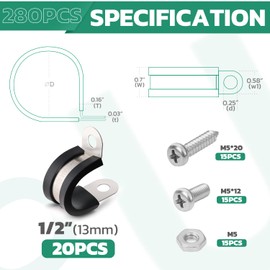 OURU 20PCS 1/2 Inch Cable Clamps with Screws Assortment Kit 304 Stainless Steel Rubber Cushioned Insulated Cable Clamp, Automotive Wire Pipe Clamps(13mm)