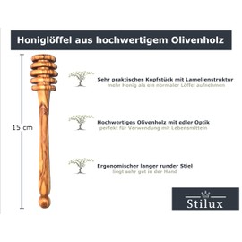 Stilux® Honey Spoon Made of Olive Wood, 15 cm Honey Extractor from Honey & Syrup, Honey Spiral Dispenser, Drip and Spill Free, Made of Real Olive Tree Wood, Practical Aid for Honey Lovers