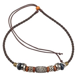 Ancient Tribe Boho Choker Necklace with Grayish Brown Tribal Bead & Brown Braided Leather Cord, Adjustable 15 Inches